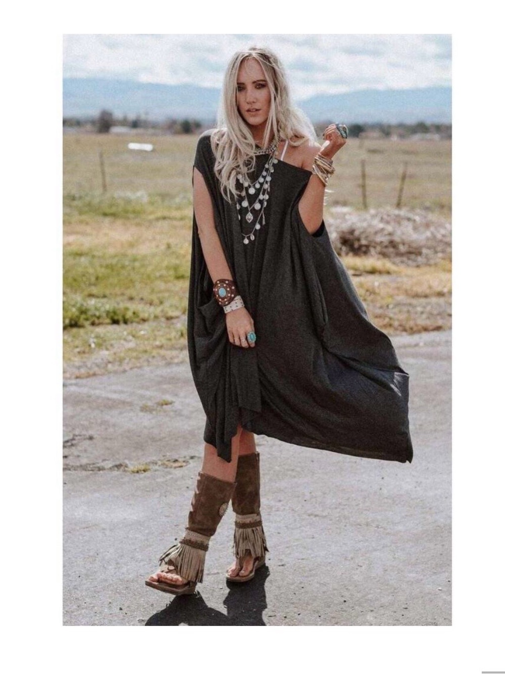Three Bird Nest One-Shoulder Charcoal Tunic/Dress